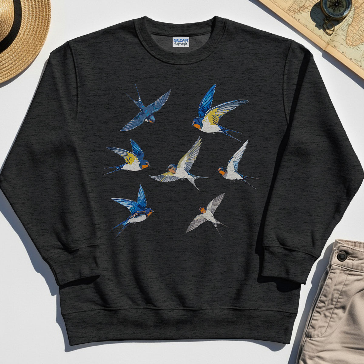 Elegant Flying Swallows Sweatshirt, Minimalist Wildlife Camping Graphic Sweatshirt Gift For Nature Campers 6