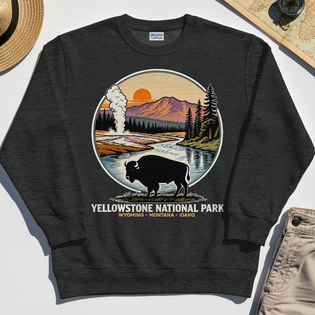 Retro Yellowstone National Park Sweatshirt, Bison Silhouette Outdoor Adventure Sweatshirt For Nature Campers 1