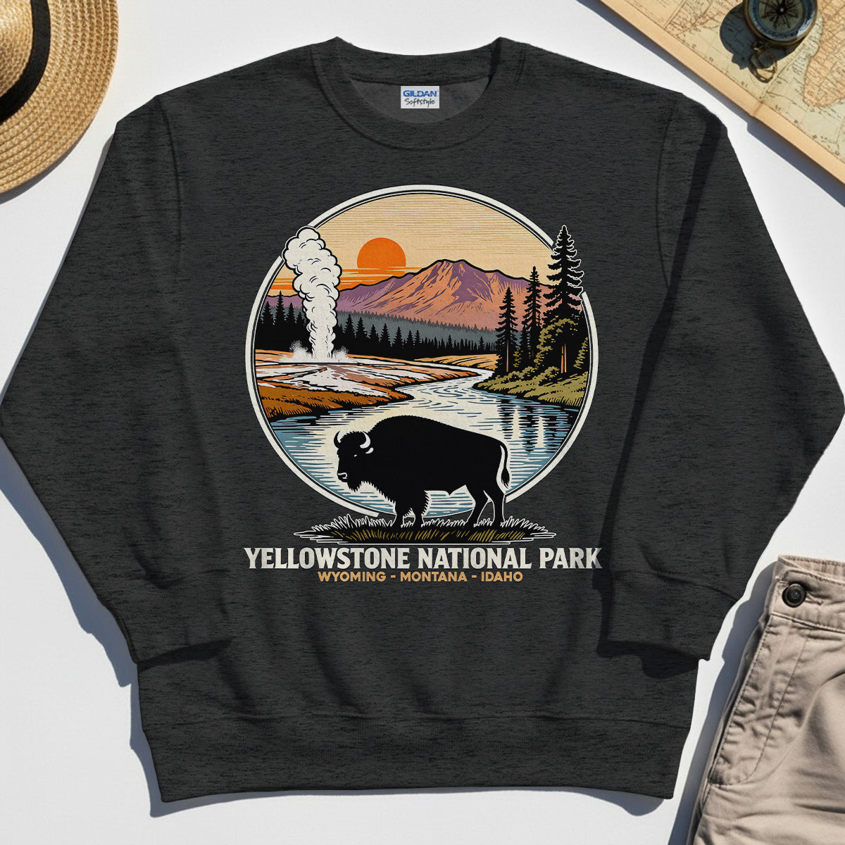 Retro Yellowstone National Park Sweatshirt, Bison Silhouette Outdoor Adventure Sweatshirt For Nature Campers 1