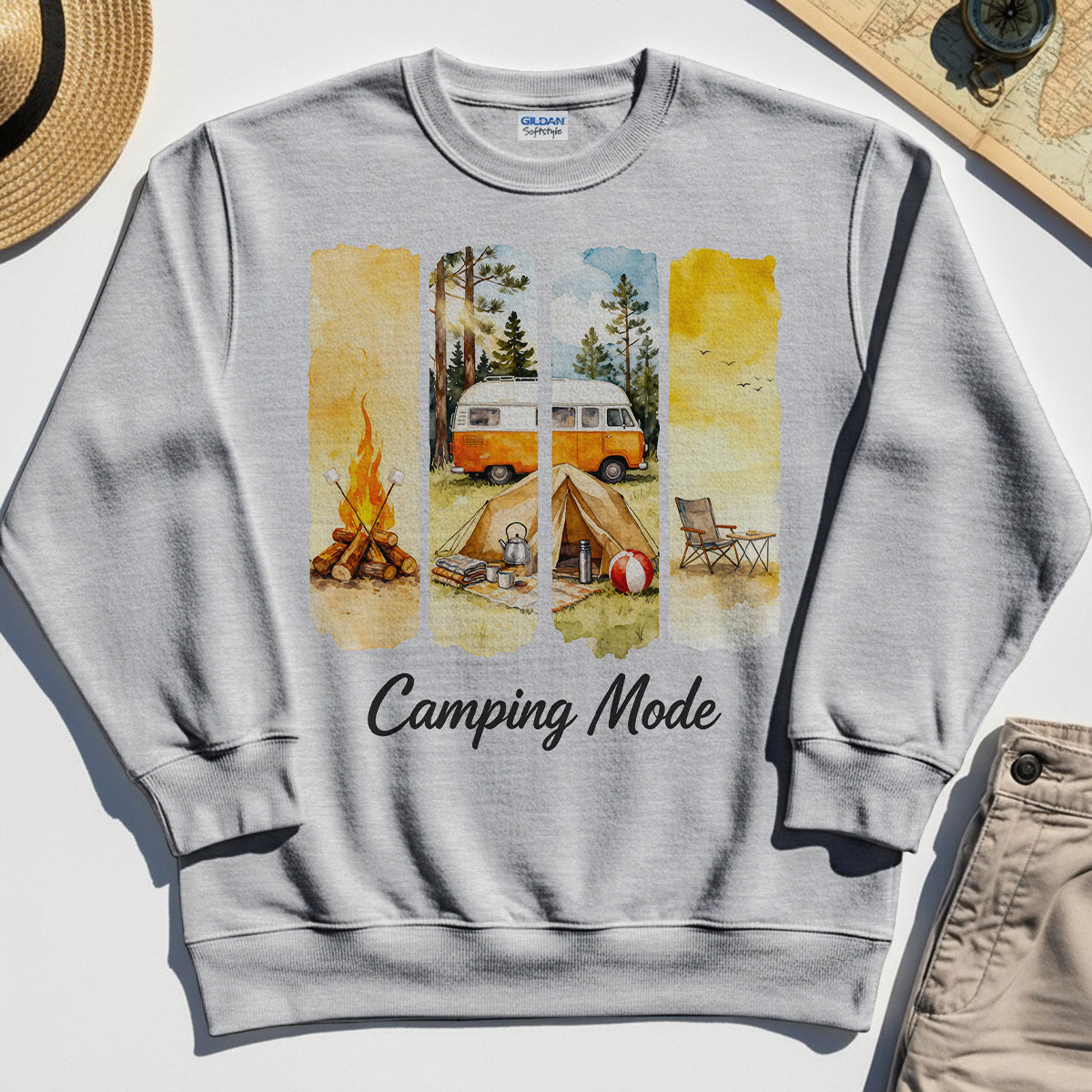 Van Life and Campfire Graphic Sweatshirt, Watercolor Campfire and Tent Graphic Sweatshirt For Outdoor Lovers 7