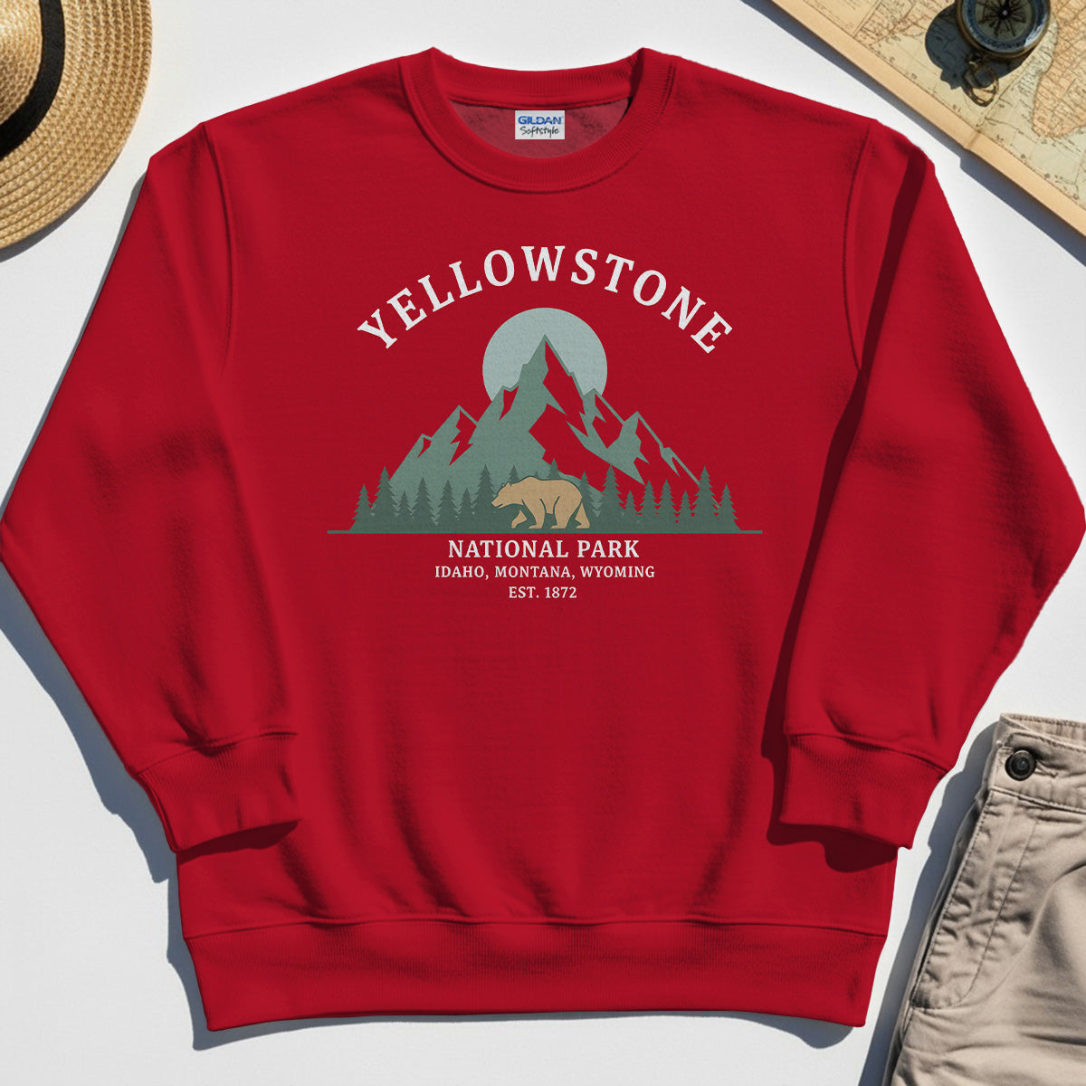Yellowstone National Park Sweatshirt, Bear & Pines Mountain Graphic Sweatshirt 7
