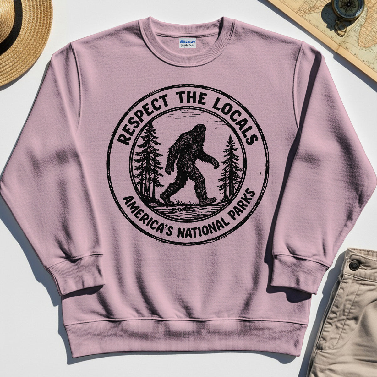Retro Respect the Locals Bigfoot Sweatshirt, Funny Sasquatch National Park Camping Sweatshirt 2