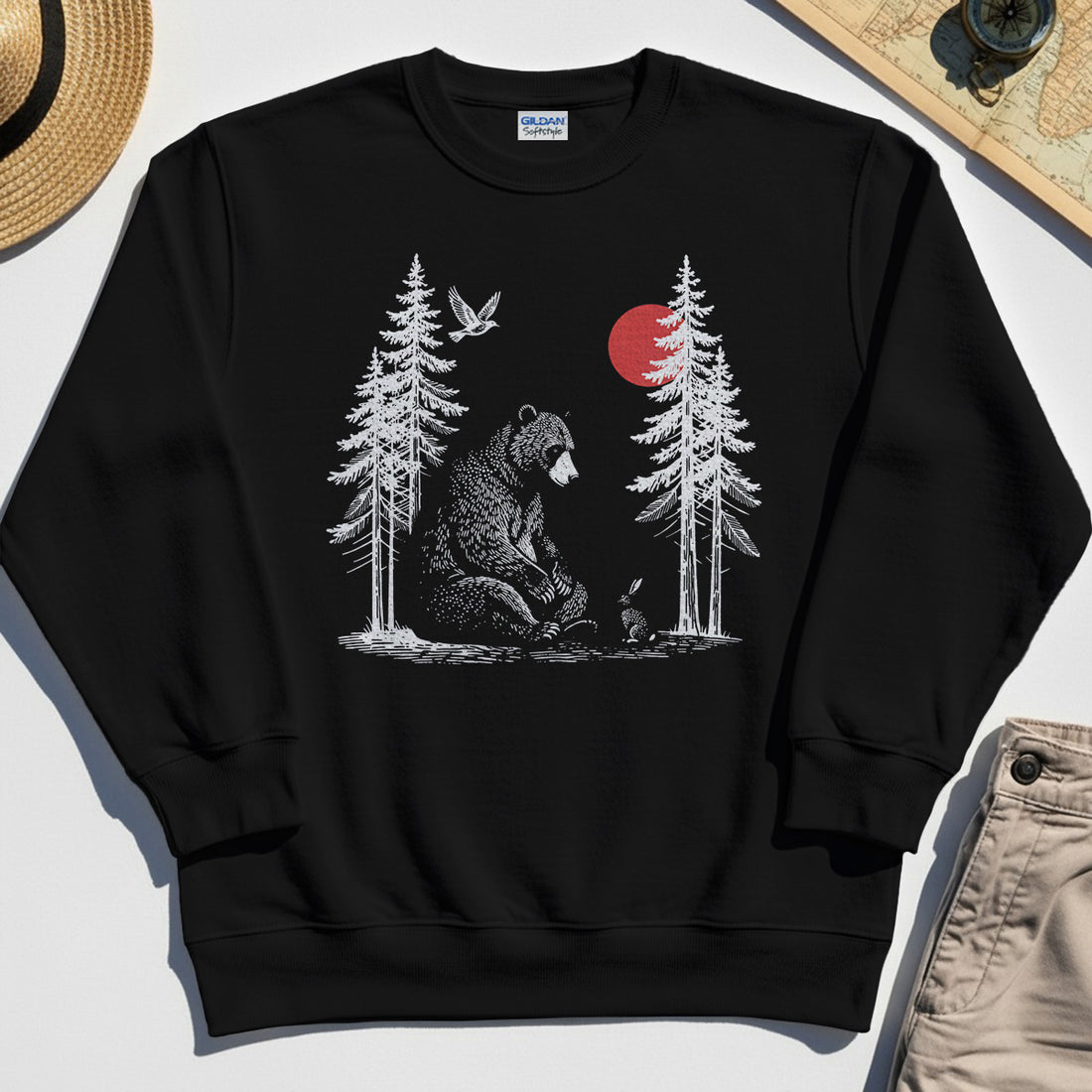 Bear and Bunny Under Red Sun Sweatshirt, Vintage Forest Nature Graphic Sweatshirt, Wildlife Art Sweatshirt For Outdoor Lovers 1