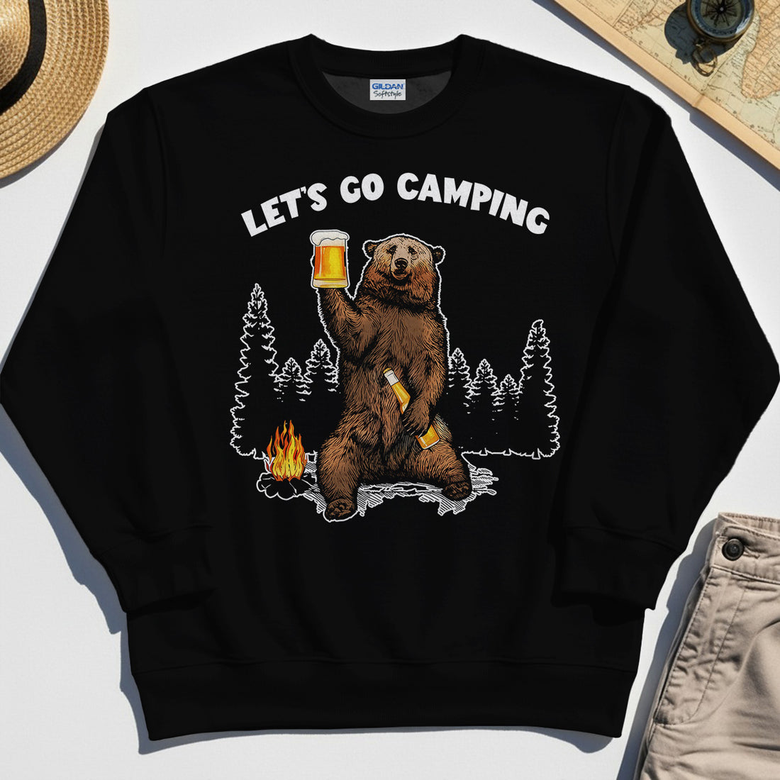 Let’s Go Camping Sweatshirt, Funny Beer Drinking Bear Graphic Sweatshirt For Outdoor & Camping Lovers 1