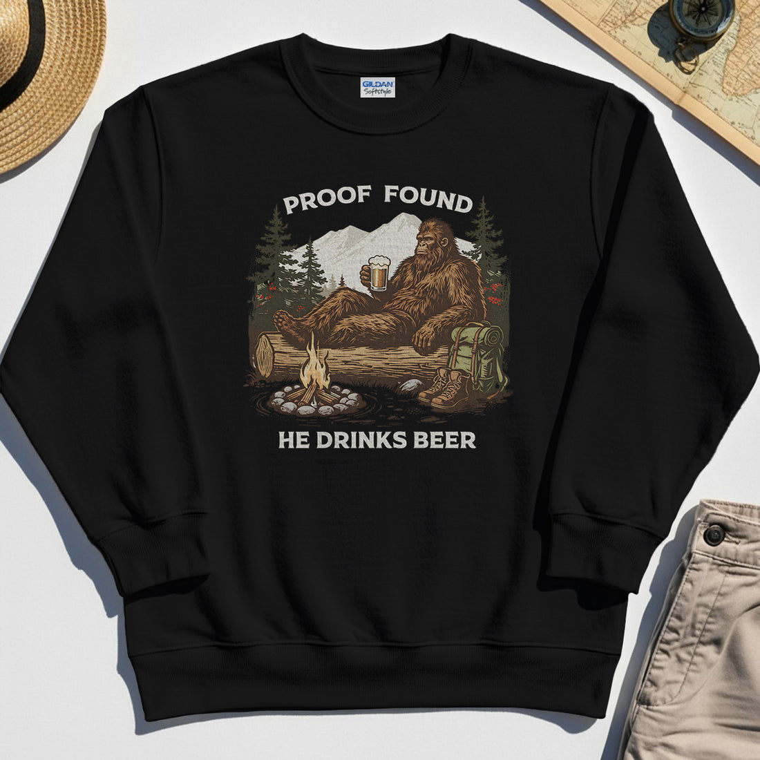 Funny Bigfoot "Proof Found He Drinks Beer" Camping Sweatshirt, Sasquatch Beer Lover Sweatshirt For Campers 1