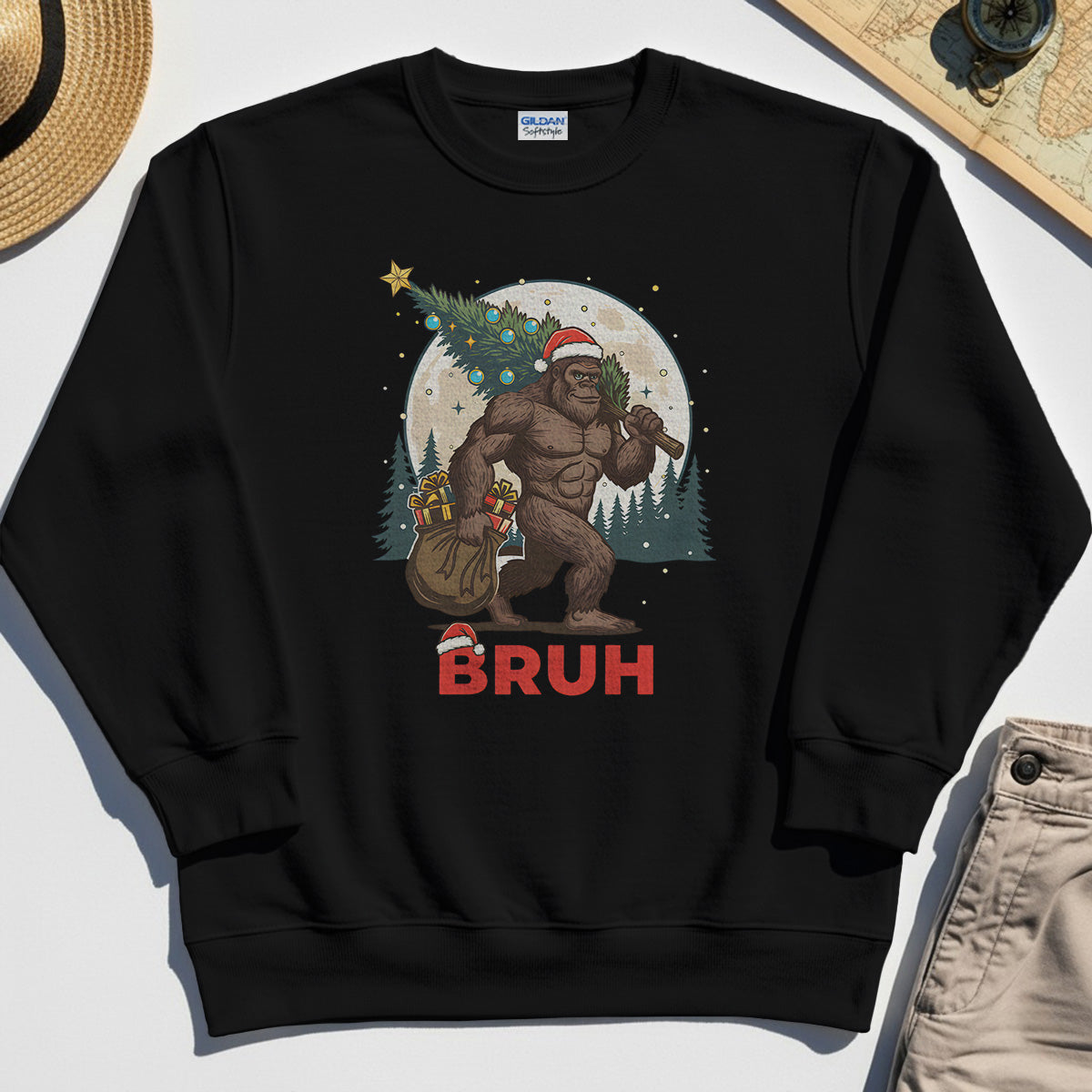 Bigfoot Christmas "BRUH" Sweatshirt, Retro Santa Hat Sasquatch Carrying Christmas Tree Sweatshirt 2