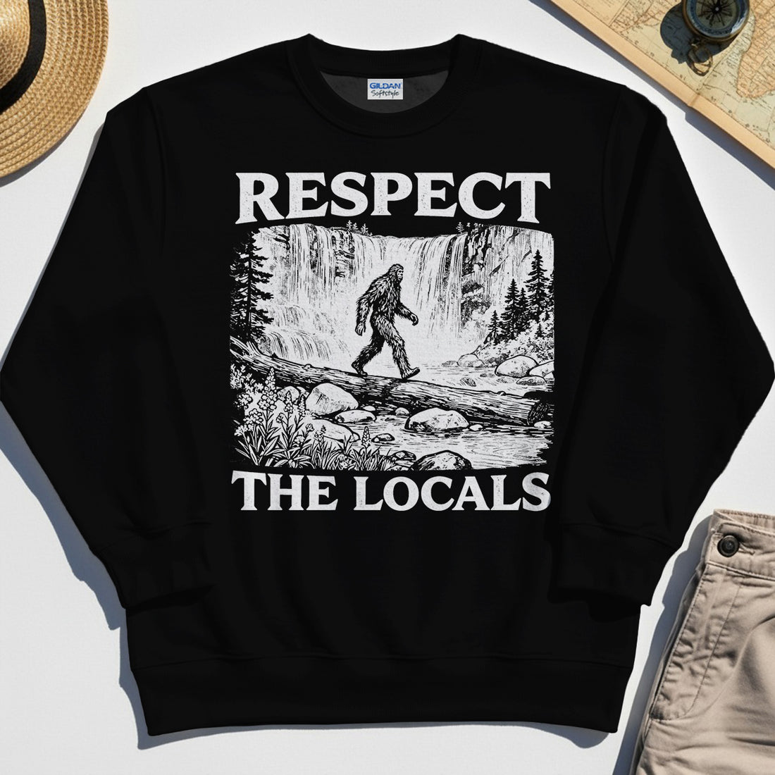 Bigfoot Respect The Locals Sweatshirt, Vintage Waterfall Hiking Graphic Sweatshirt For Camper And Adventurers 1