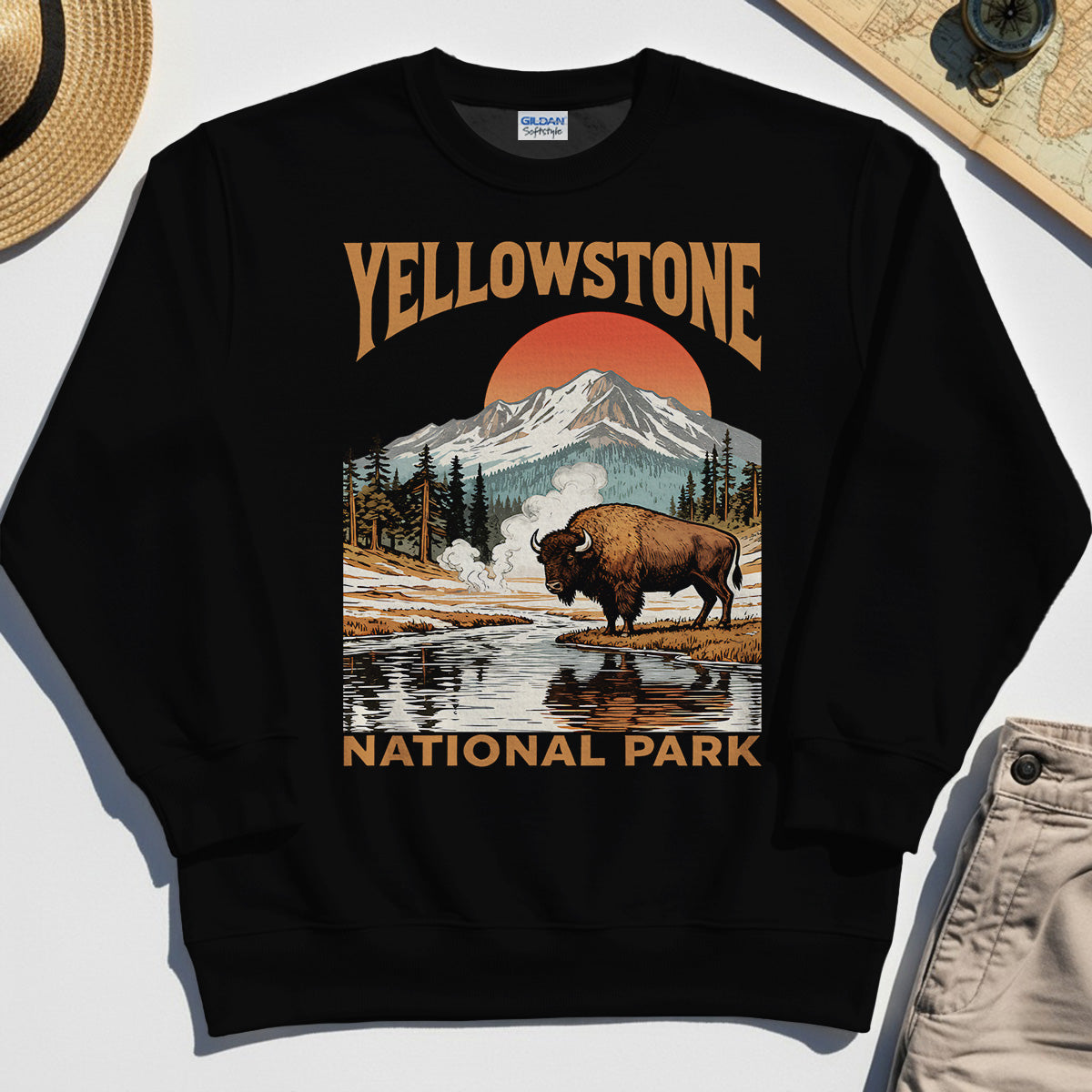 Yellowstone National Park Sweatshirt, Vintage Bison Sunset Mountain Sweatshirt For Campers 1