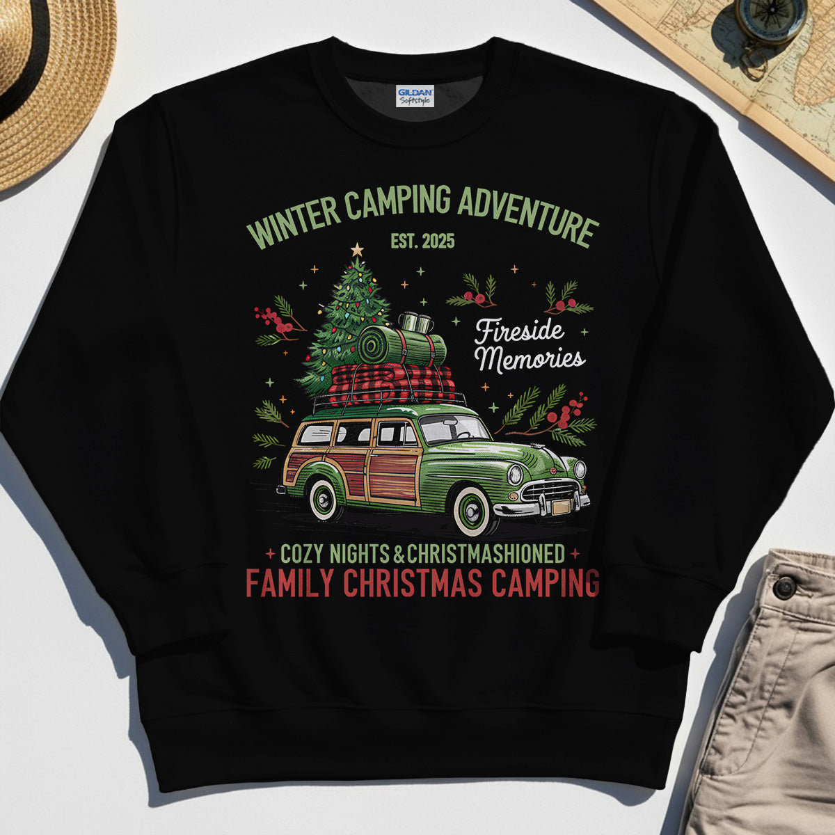 Winter Camping Adventure Sweatshirt, Retro Car with Tree Family Christmas Camping Sweatshirt 2