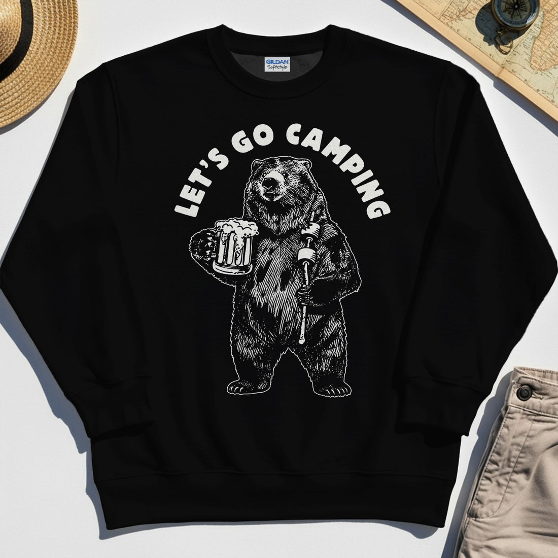 Let’s Go Camping Funny Bear Drinking Beer Sweatshirt, Beer Lover Sweatshirt for Outdoor Adventure & Camping Fans 1