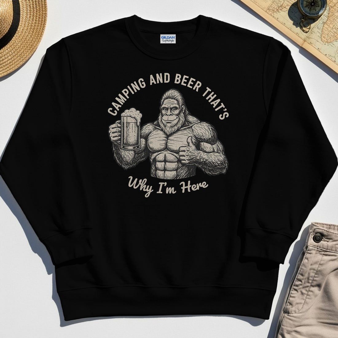 "Camping and Beer That’s Why I’m Here" Funny Bigfoot Camping Sweatshirt 1
