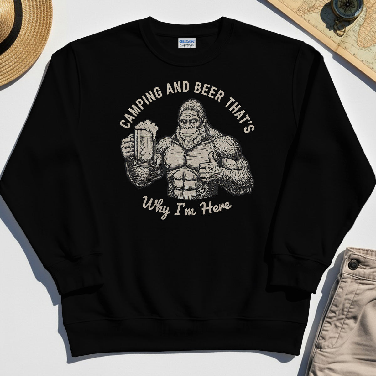 "Camping and Beer That’s Why I’m Here" Funny Bigfoot Camping Sweatshirt 1