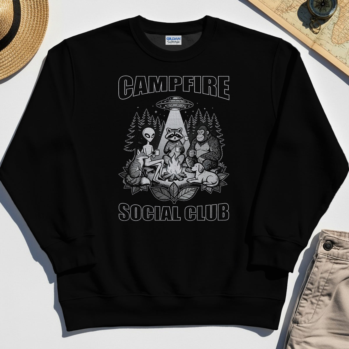 Campfire Social Club With Alien, Bigfoot, UFO And Raccoon Sweatshirt 2