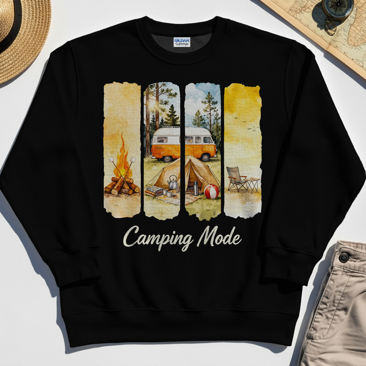 Van Life and Campfire Graphic Sweatshirt, Watercolor Campfire and Tent Graphic Sweatshirt For Outdoor Lovers 1