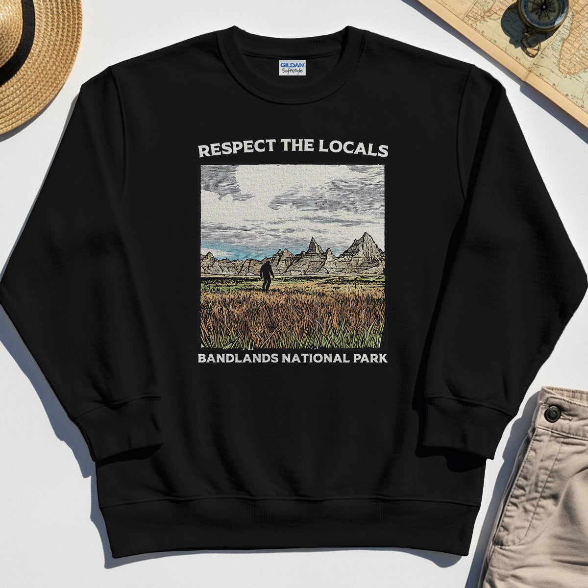 Sasquatch Respect The Locals Sweatshirt, Bigfoot Hiking Through Badlands National Park Sweatshirt 2