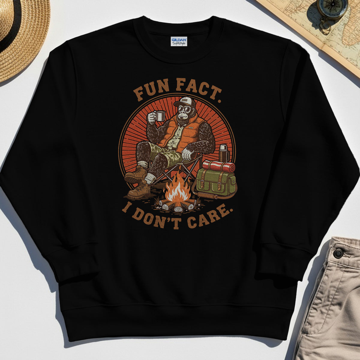 Funny Bigfoot Camping Sweatshirt, "Fun Fact I Don’t Care” 2