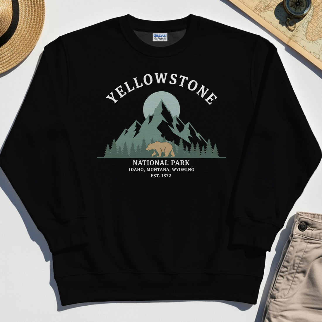 Yellowstone National Park Sweatshirt, Bear & Pines Mountain Graphic Sweatshirt 1