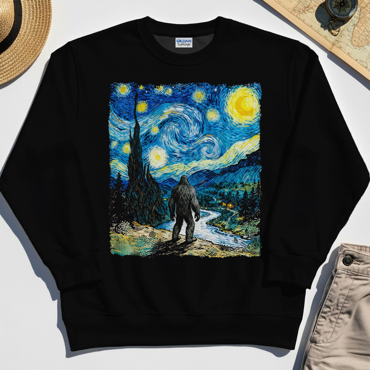 Funny Sasquatch Van Gogh Parody Sweatshirt, Bigfoot Starry Night Sweatshirt 2