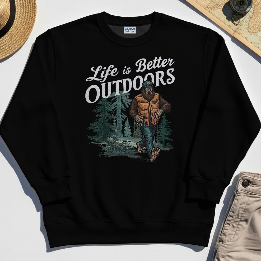 Bigfoot Life Is Better Outdoors Sweatshirt, Retro Camping Graphic Sweatshirts For Outdoor Adventurers 1