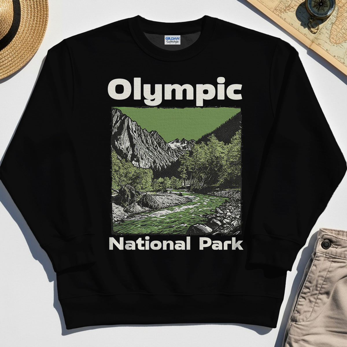 Olympic National Park Sweatshirt, Vintage Mountain River Scene Sweatshirt For Outdoor Adventure Campers 2