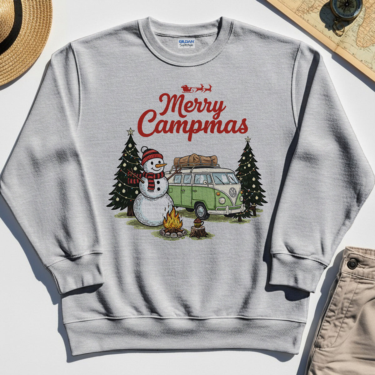 Funny Merry Christmas Camping Sweatshirt, Retro Camper Van Snowman Campfire Sweatshirt For Outdoor Lovers 6