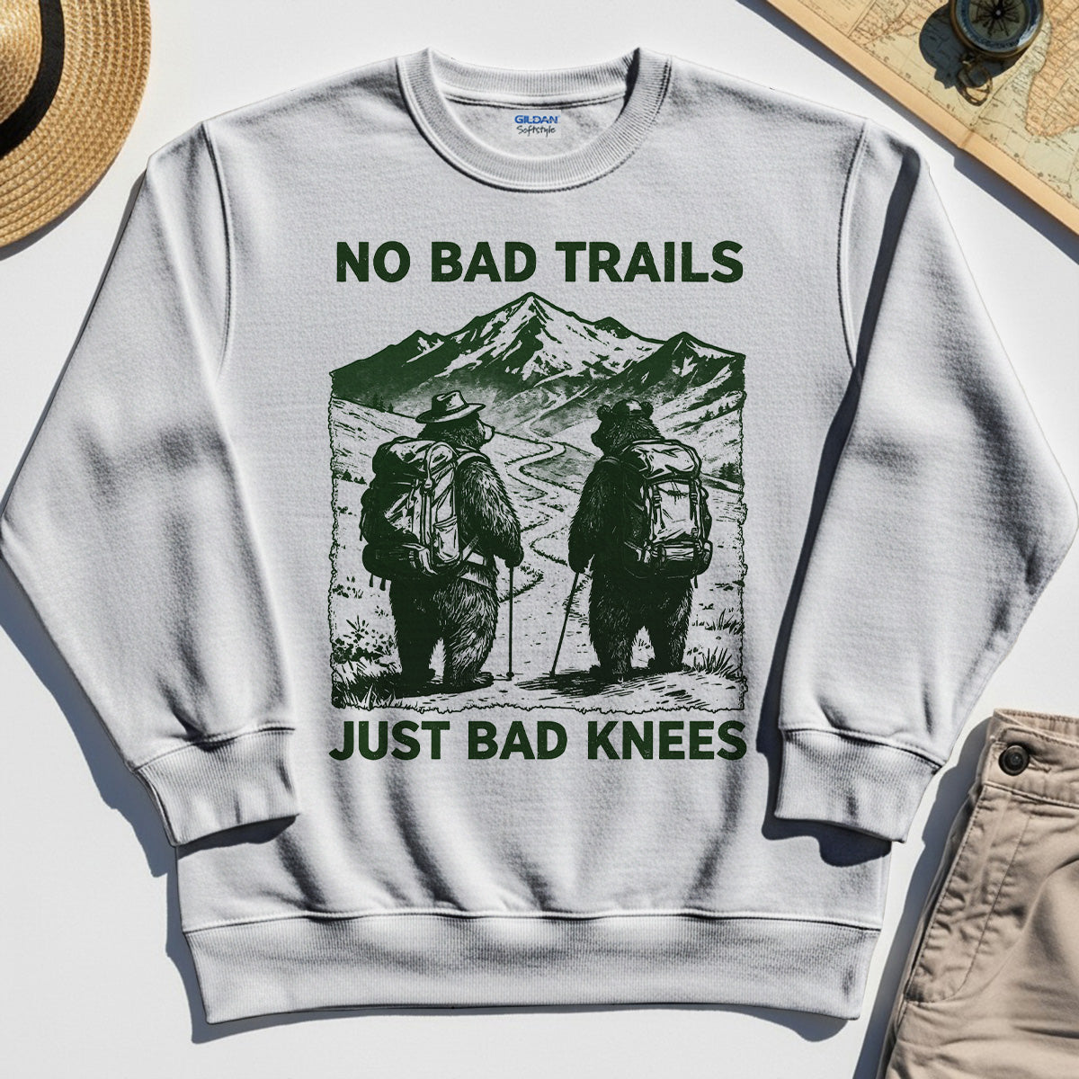 No Bad Trails Just Bad Knees Sweatshirt, Vintage Bear Backpacking Sweatshirt For Campers and Outdoor Enthusiasts 7
