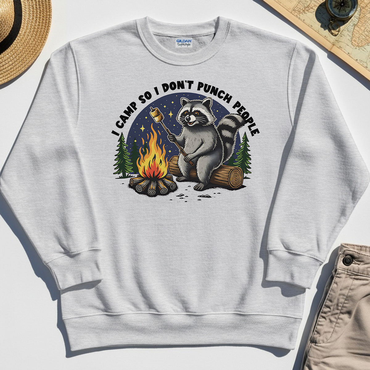 I Camp So I Don’t Punch People Sweatshirt, Funny Raccoon Marshmallow Campfire Sweatshirt 4