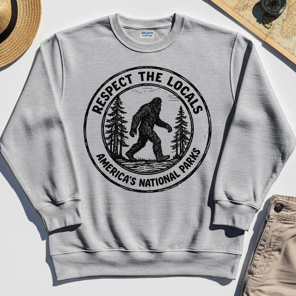 Retro Respect the Locals Bigfoot Sweatshirt, Funny Sasquatch National Park Camping Sweatshirt 8