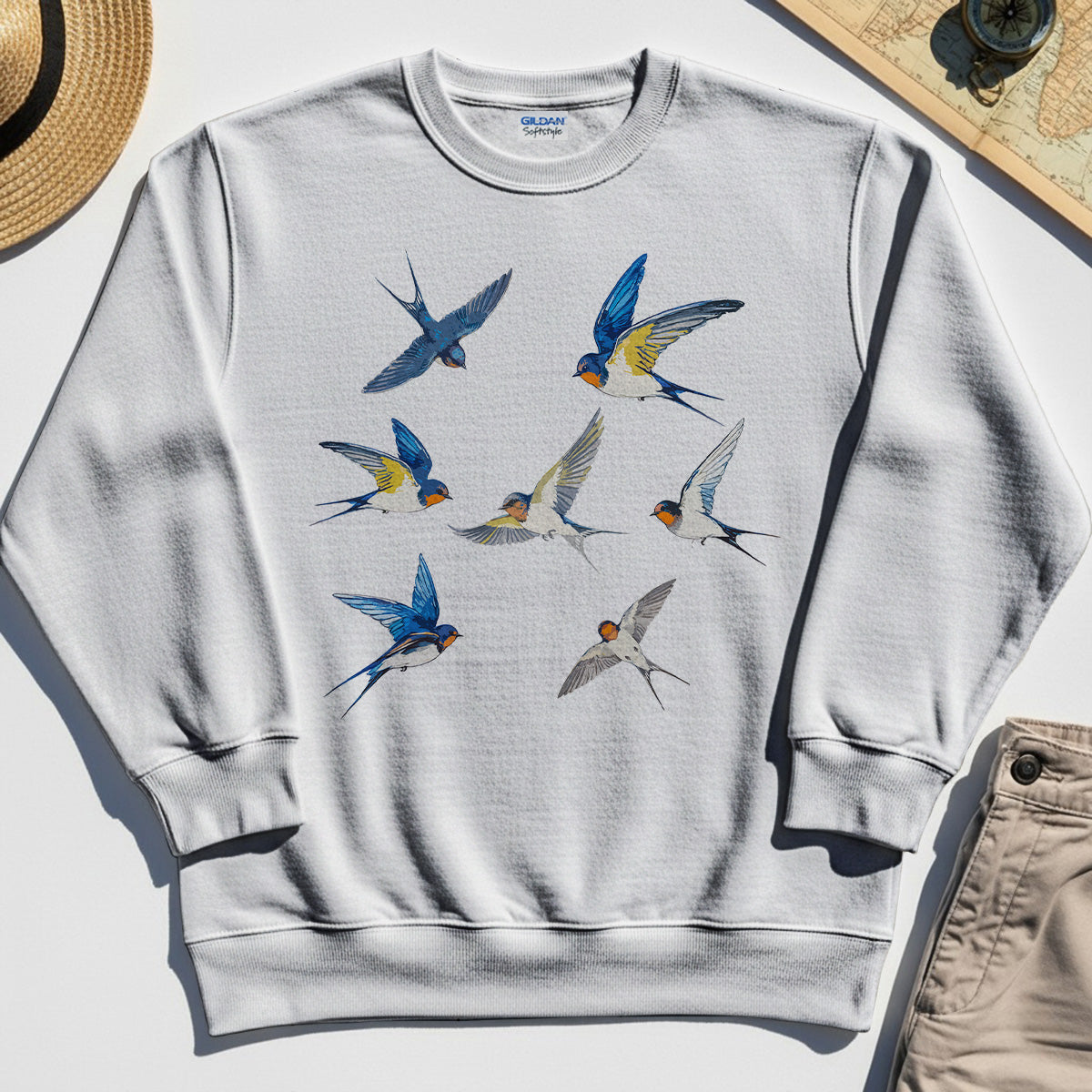 Elegant Flying Swallows Sweatshirt, Minimalist Wildlife Camping Graphic Sweatshirt Gift For Nature Campers 7