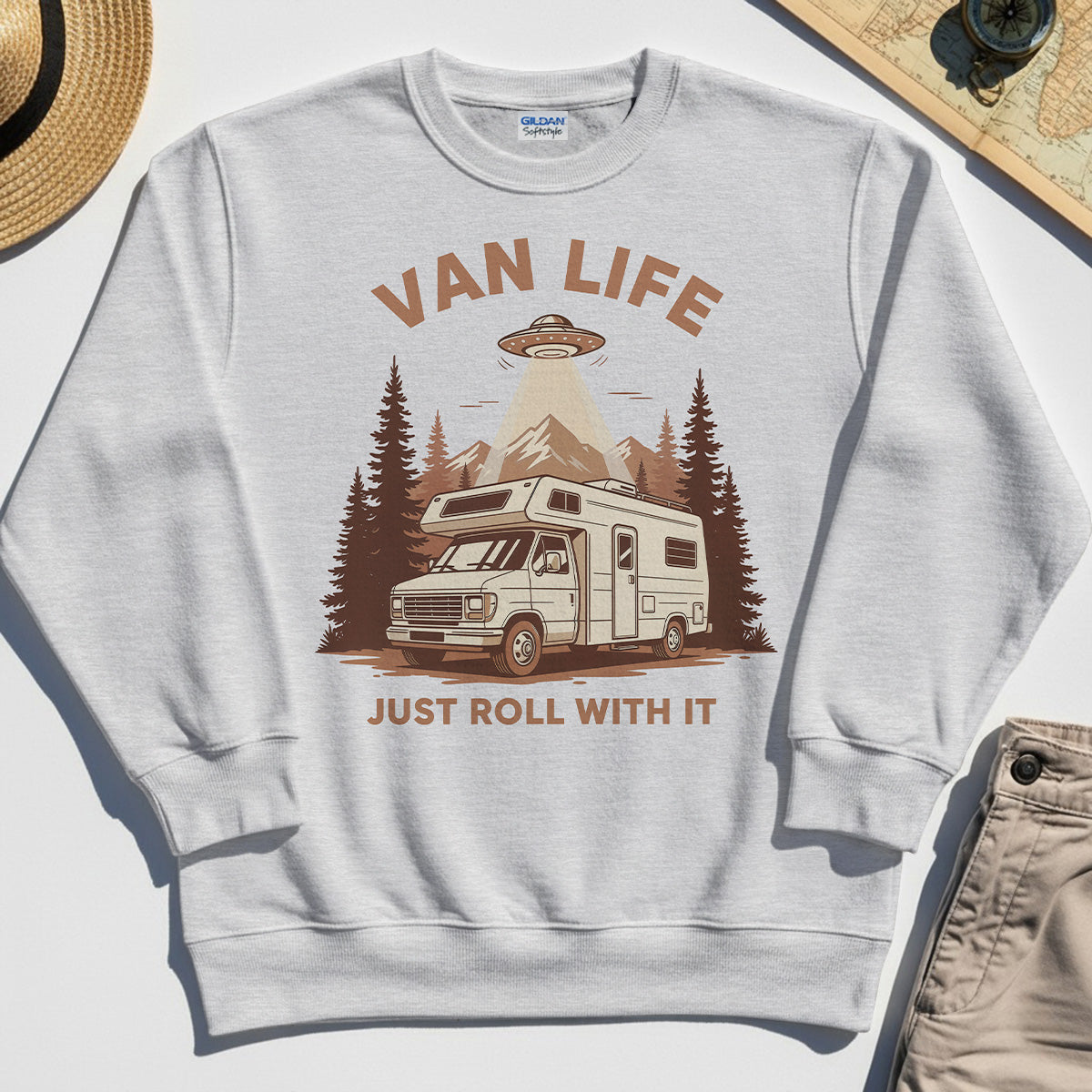 Just Roll With It Sweatshirt, Retro Camper Van Adventure Sweatshirt For Camping Lovers 4