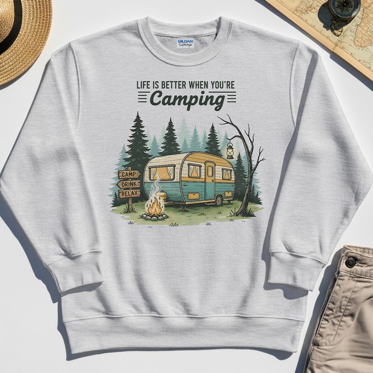 Life Is Better When You’re Camping Sweatshirt, Retro Camper and Campfire Sweatshirt For Travelers and Campers 4