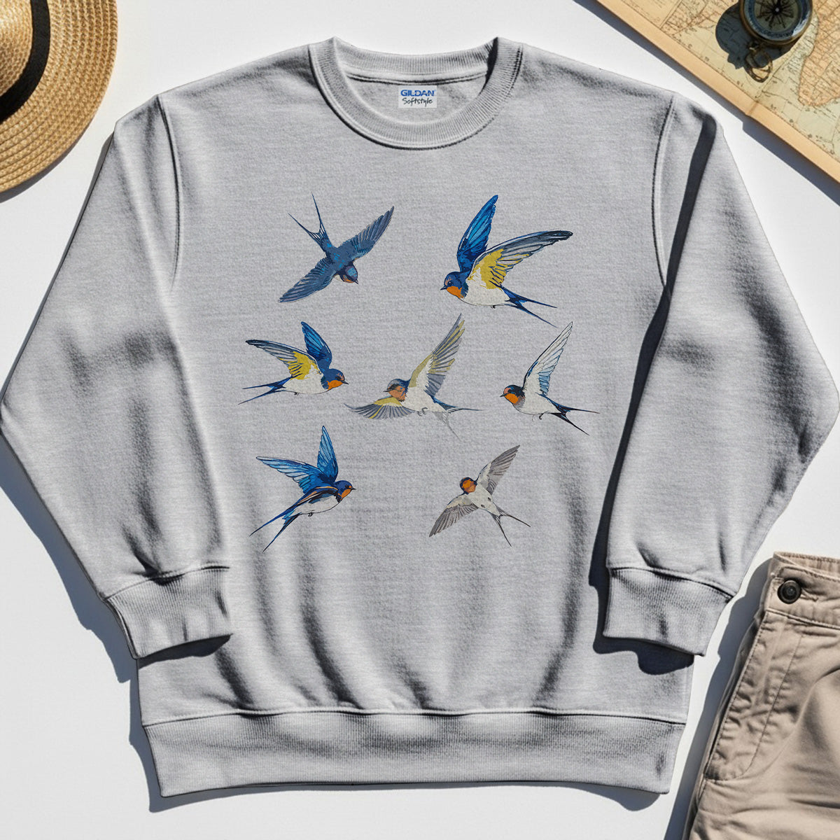 Elegant Flying Swallows Sweatshirt, Minimalist Wildlife Camping Graphic Sweatshirt Gift For Nature Campers 8