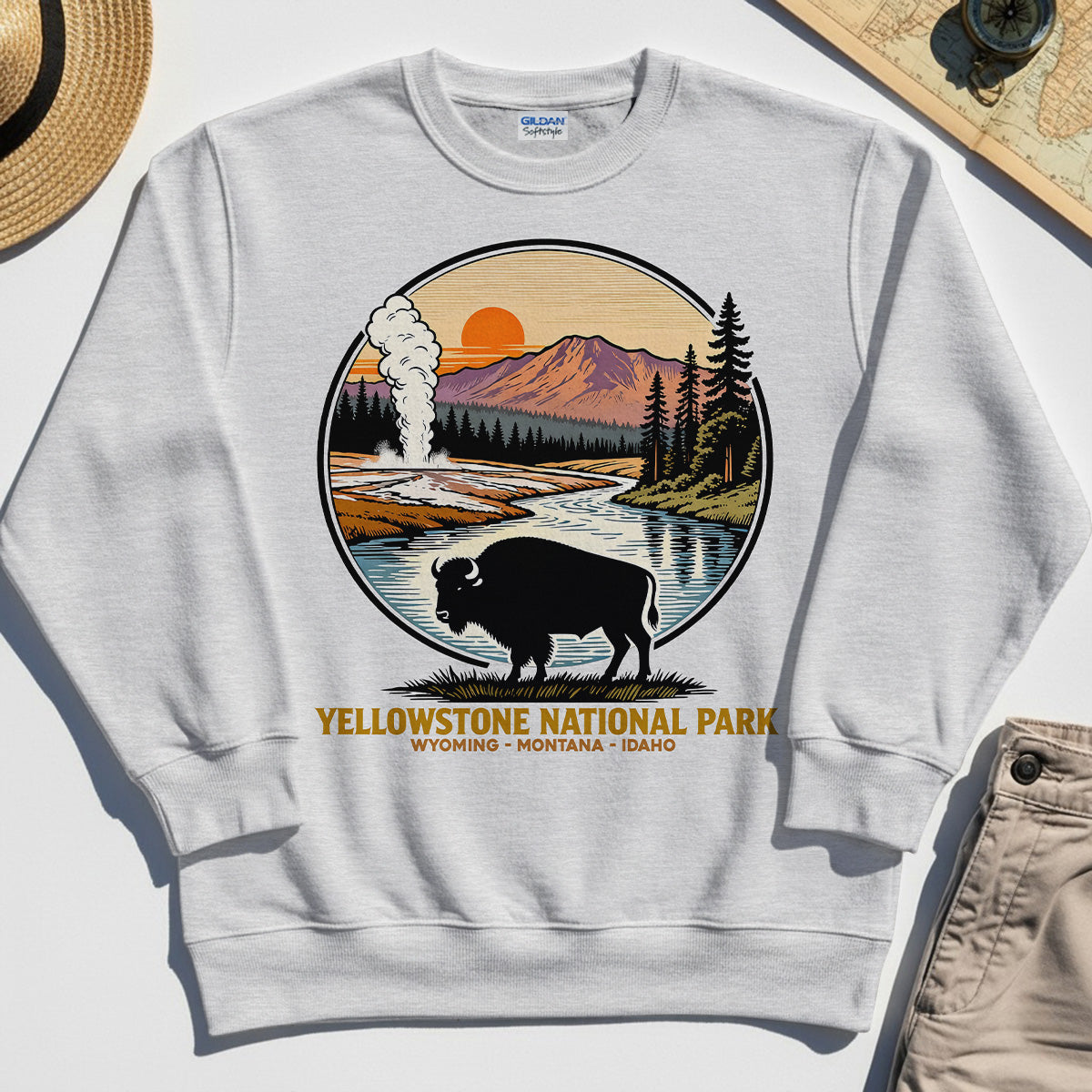 Retro Yellowstone National Park Sweatshirt, Bison Silhouette Outdoor Adventure Sweatshirt For Nature Campers 4