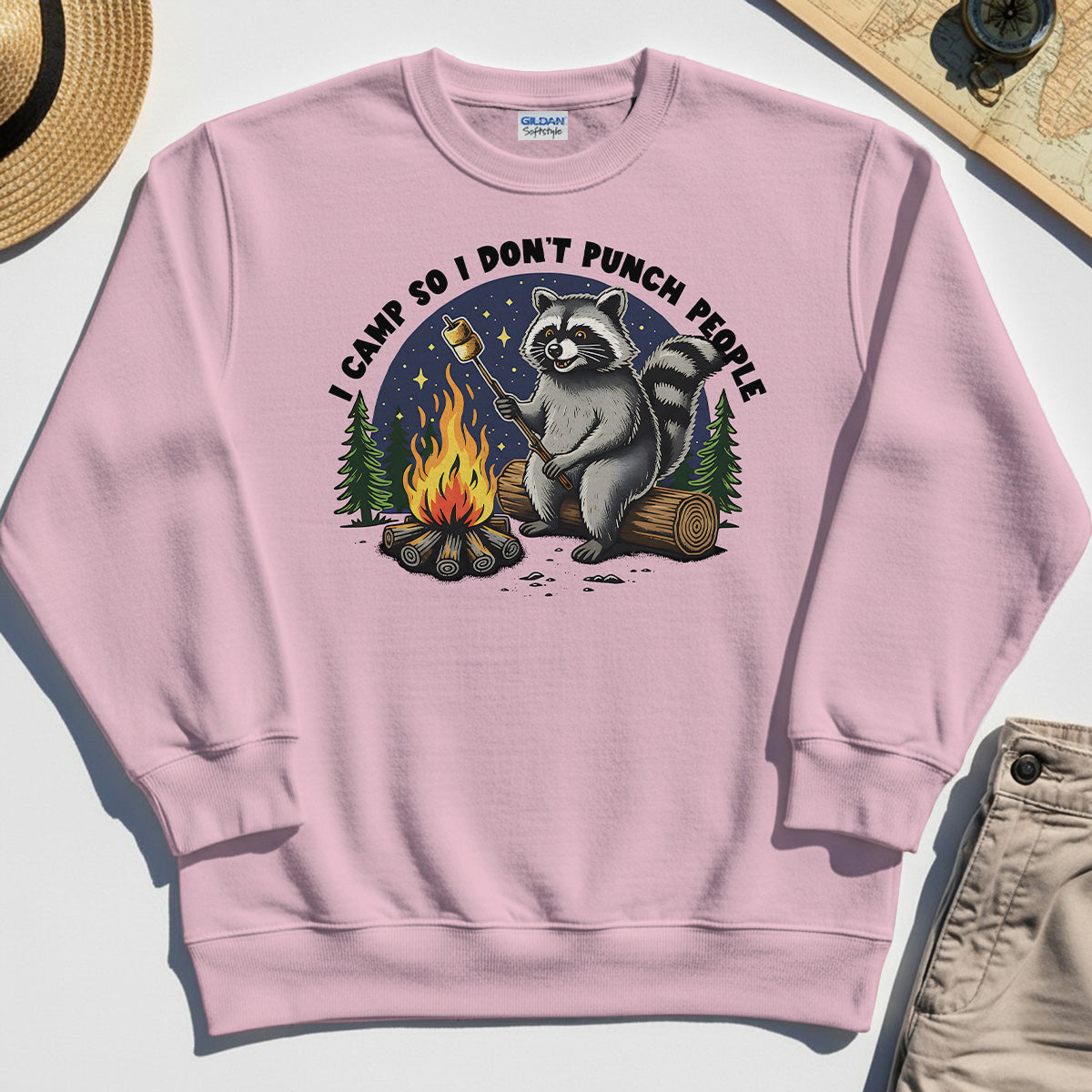 I Camp So I Don’t Punch People Sweatshirt, Funny Raccoon Marshmallow Campfire Sweatshirt 5