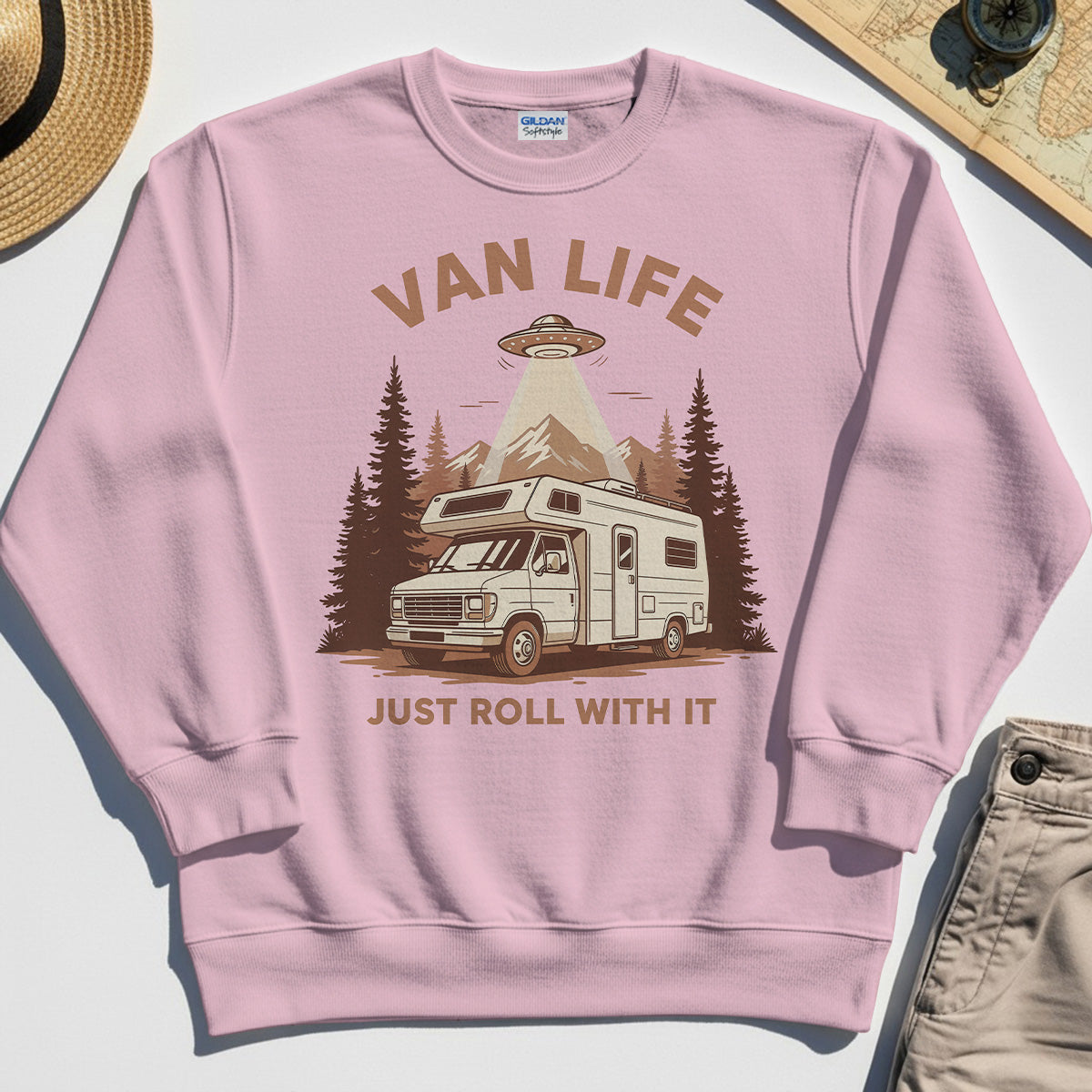 Just Roll With It Sweatshirt, Retro Camper Van Adventure Sweatshirt For Camping Lovers 5