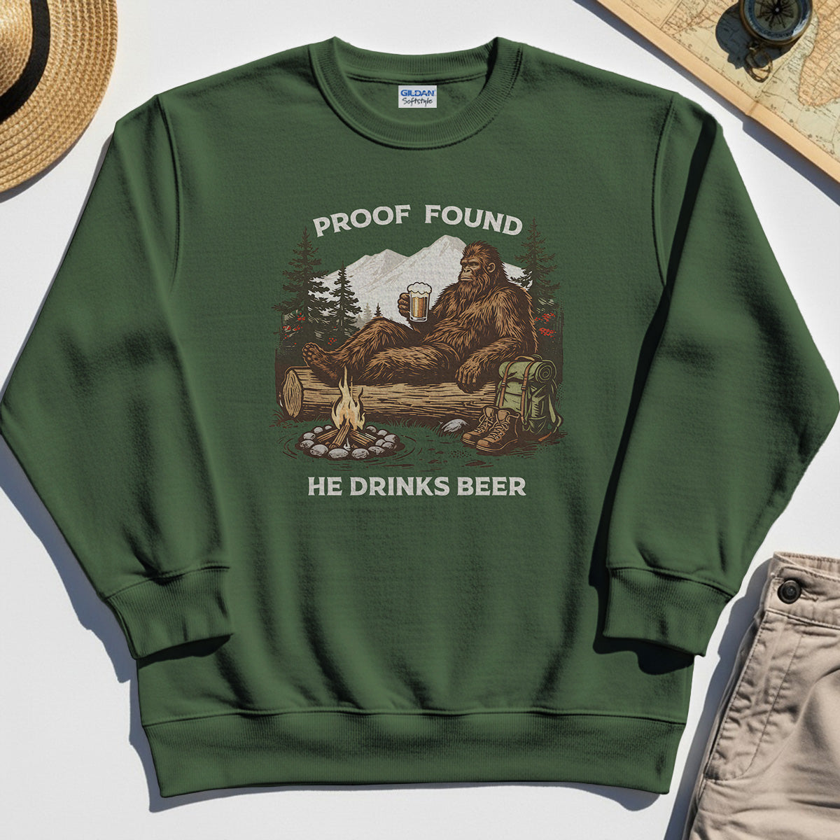 Funny Bigfoot "Proof Found He Drinks Beer" Camping Sweatshirt, Sasquatch Beer Lover Sweatshirt For Campers 3