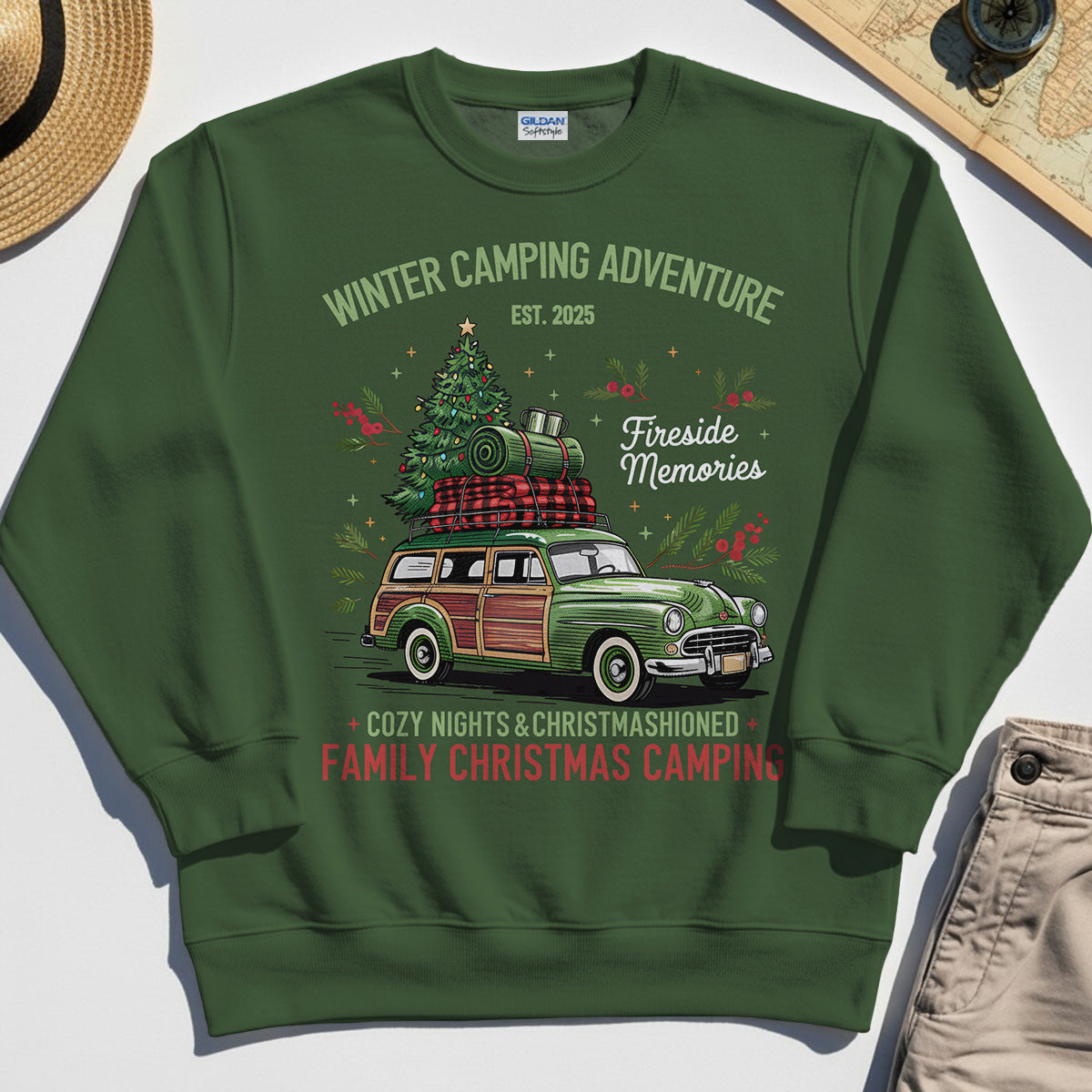 Winter Camping Adventure Sweatshirt, Retro Car with Tree Family Christmas Camping Sweatshirt 3