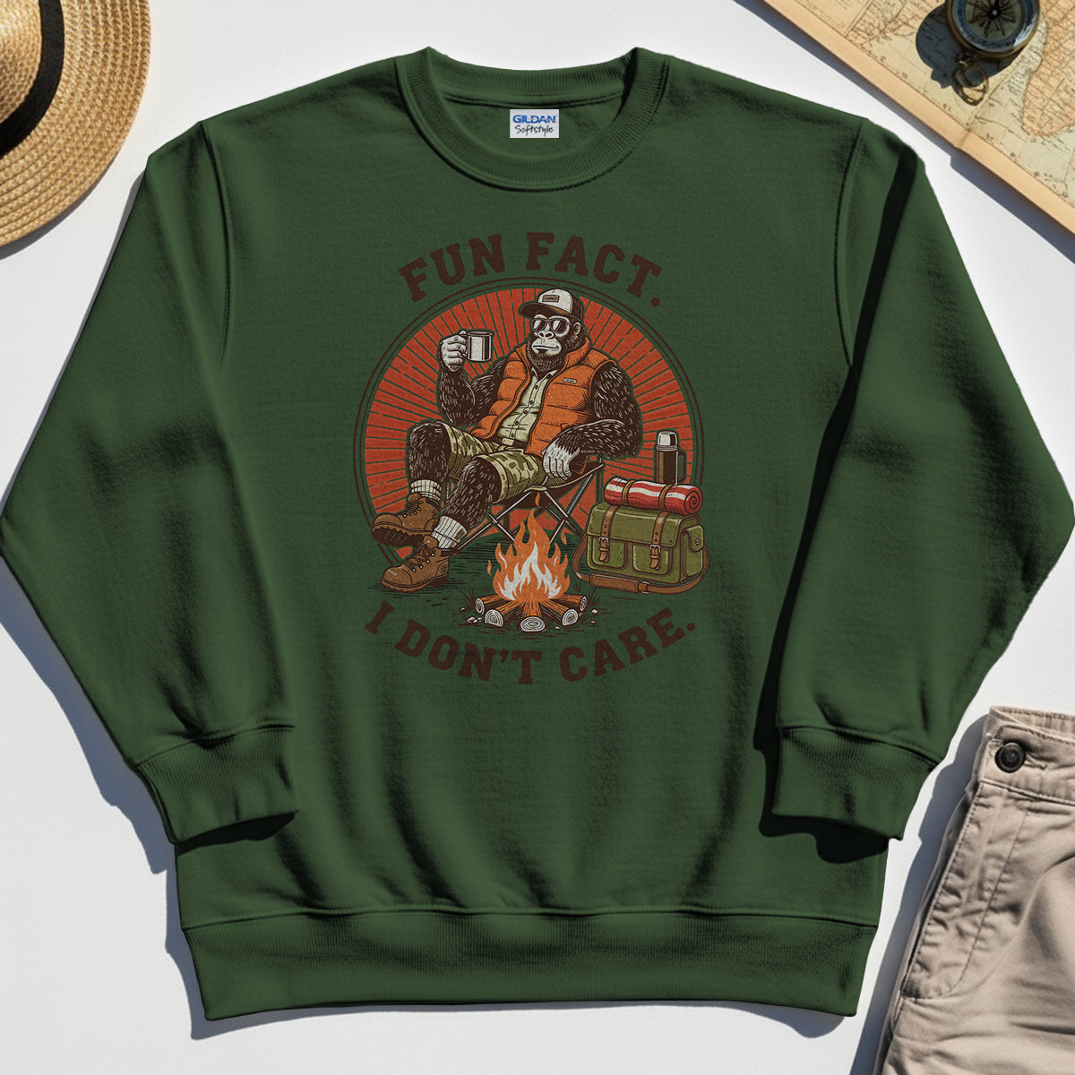 Funny Bigfoot Camping Sweatshirt, "Fun Fact I Don’t Care” 3