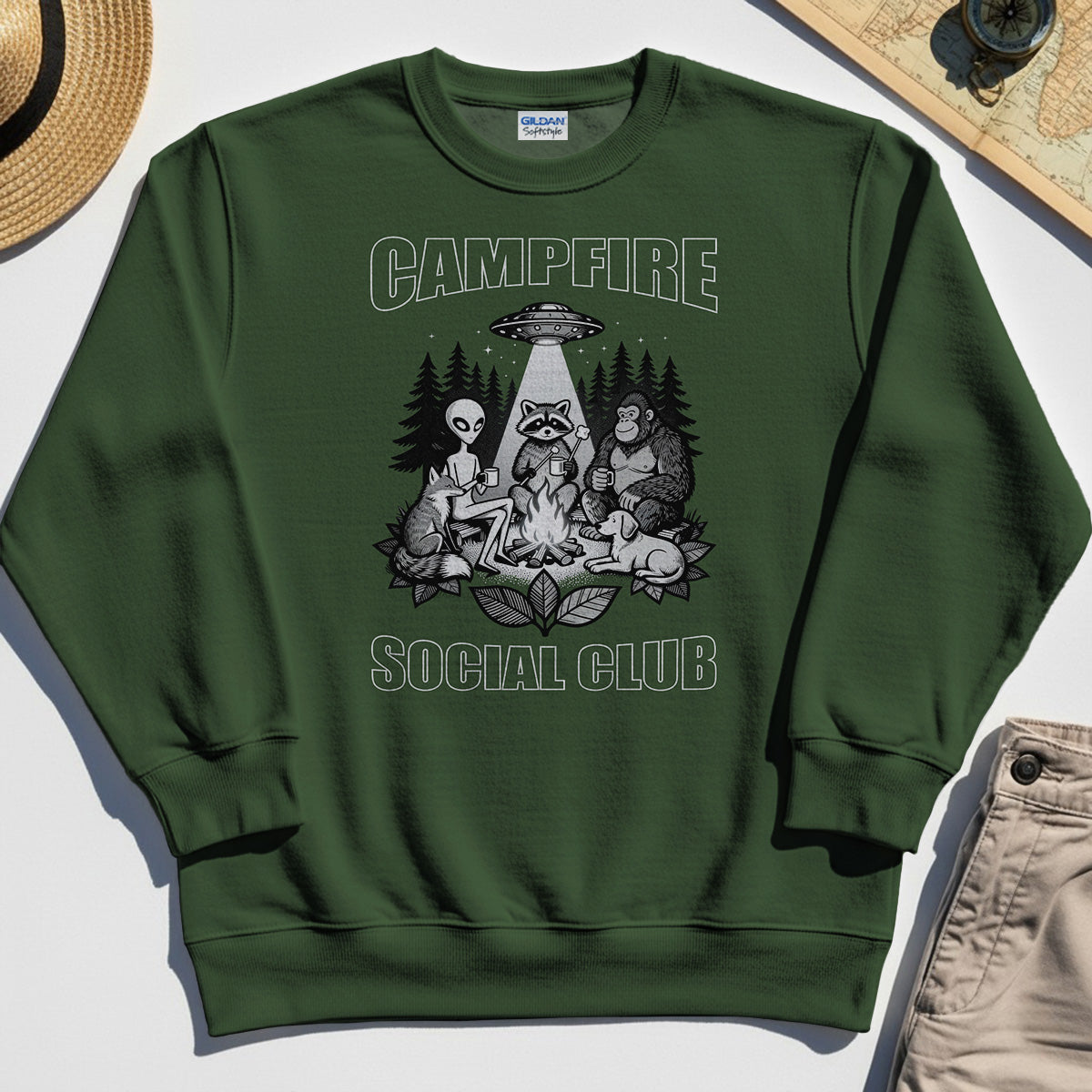 Campfire Social Club With Alien, Bigfoot, UFO And Raccoon Sweatshirt 3