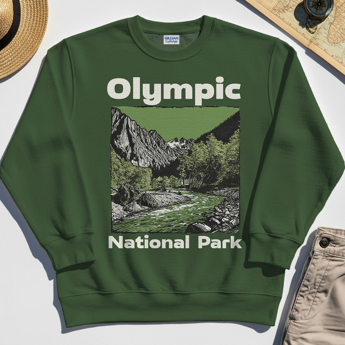 Olympic National Park Sweatshirt, Vintage Mountain River Scene Sweatshirt For Outdoor Adventure Campers 1
