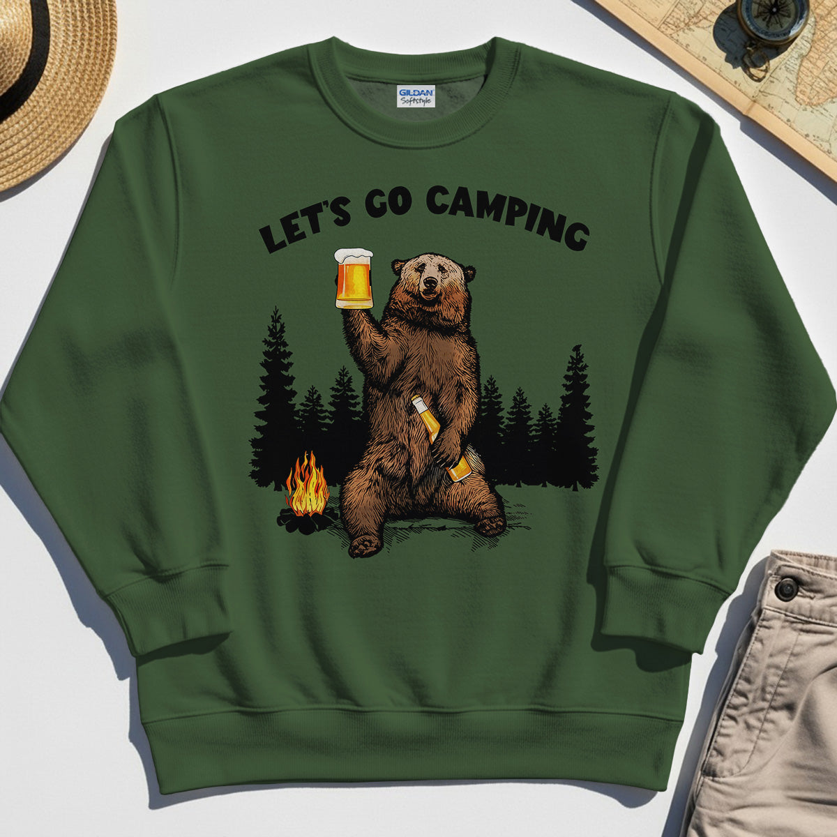 Let’s Go Camping Sweatshirt, Funny Beer Drinking Bear Graphic Sweatshirt For Outdoor & Camping Lovers 3