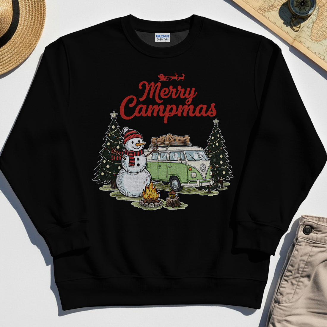 Funny Merry Christmas Camping Sweatshirt, Retro Camper Van Snowman Campfire Sweatshirt For Outdoor Lovers 1