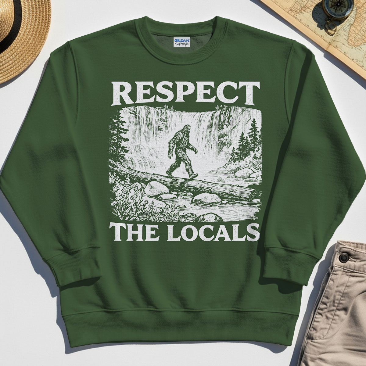 Bigfoot Respect The Locals Sweatshirt, Vintage Waterfall Hiking Graphic Sweatshirt For Camper And Adventurers 2