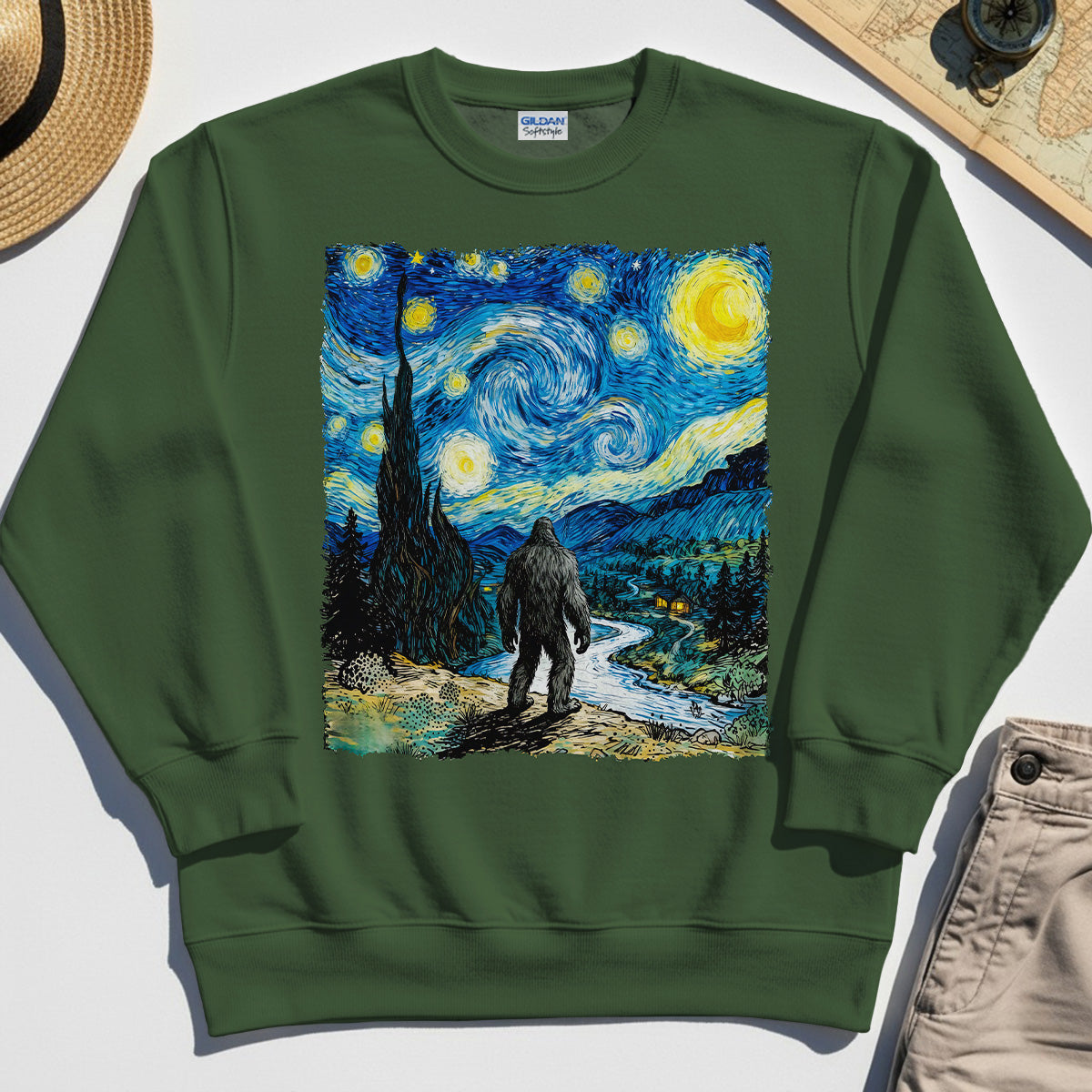 Funny Sasquatch Van Gogh Parody Sweatshirt, Bigfoot Starry Night Sweatshirt 1