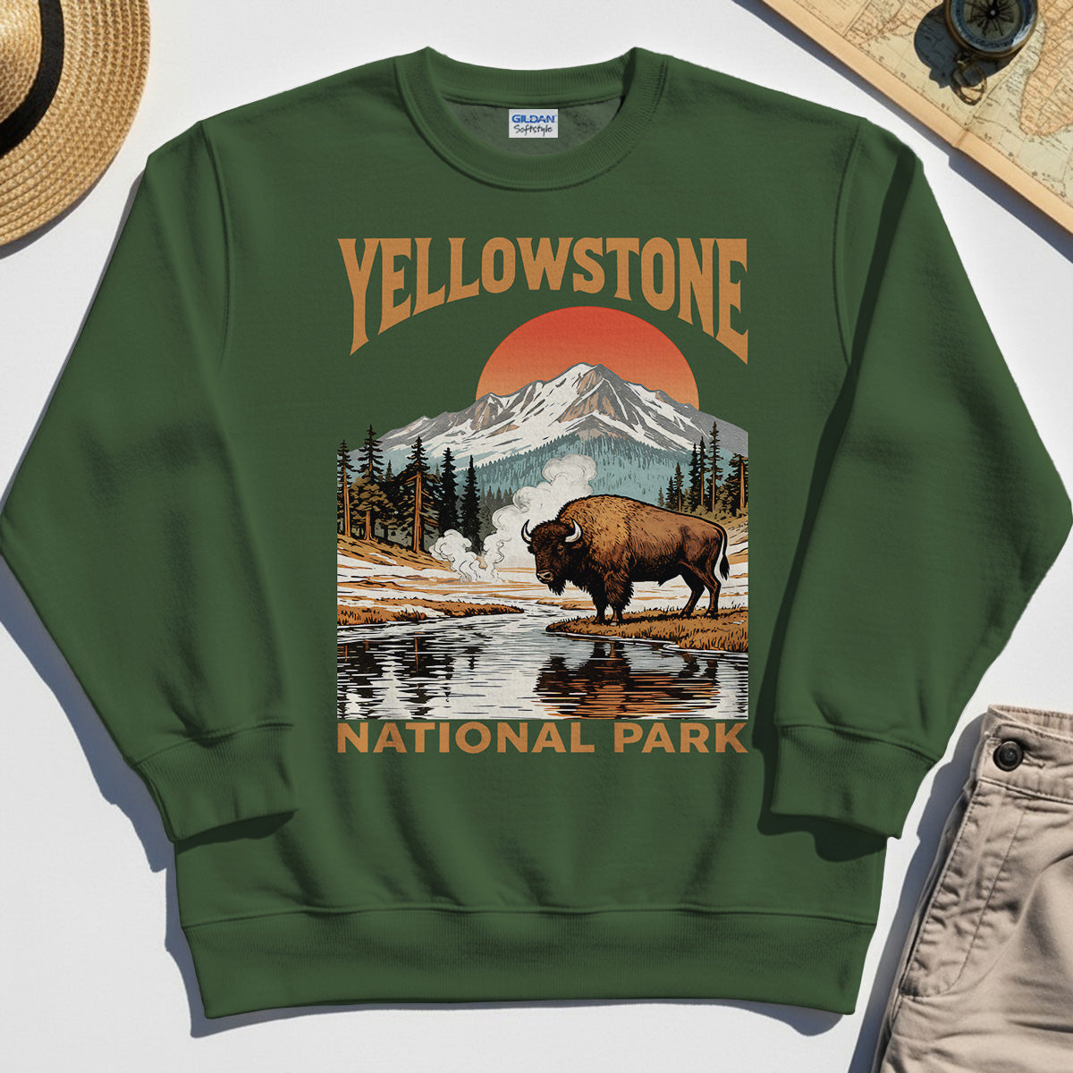 Yellowstone National Park Sweatshirt, Vintage Bison Sunset Mountain Sweatshirt For Campers 2