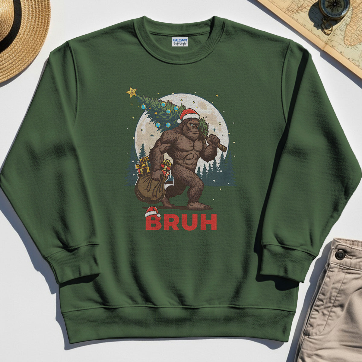 Bigfoot Christmas "BRUH" Sweatshirt, Retro Santa Hat Sasquatch Carrying Christmas Tree Sweatshirt 3