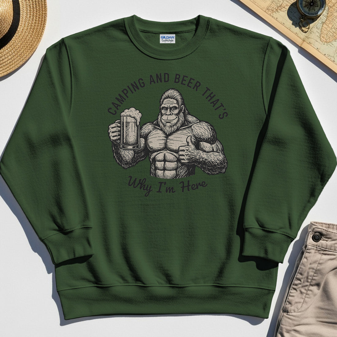 "Camping and Beer That’s Why I’m Here" Funny Bigfoot Camping Sweatshirt 1