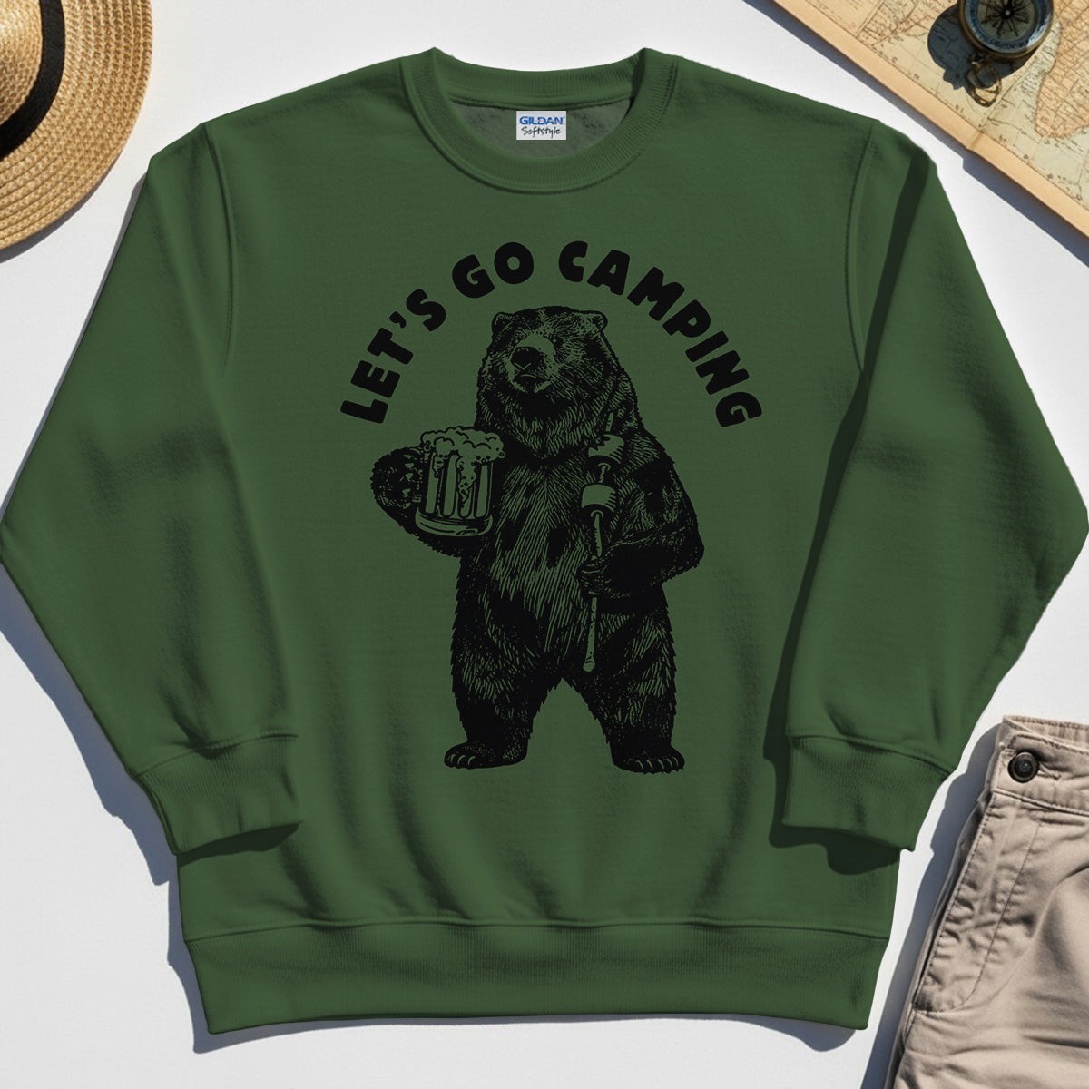 Let’s Go Camping Funny Bear Drinking Beer Sweatshirt, Beer Lover Sweatshirt for Outdoor Adventure & Camping Fans 1