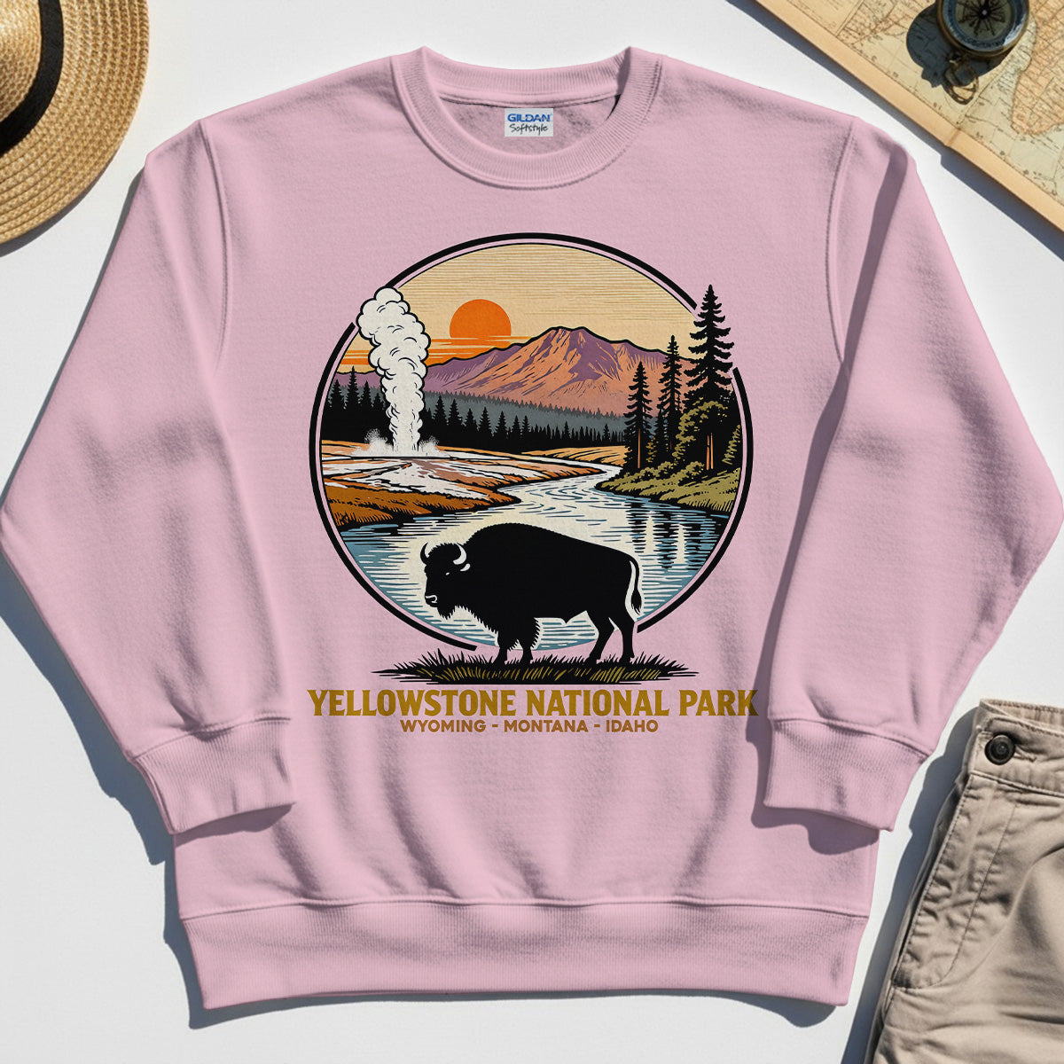 Retro Yellowstone National Park Sweatshirt, Bison Silhouette Outdoor Adventure Sweatshirt For Nature Campers 5