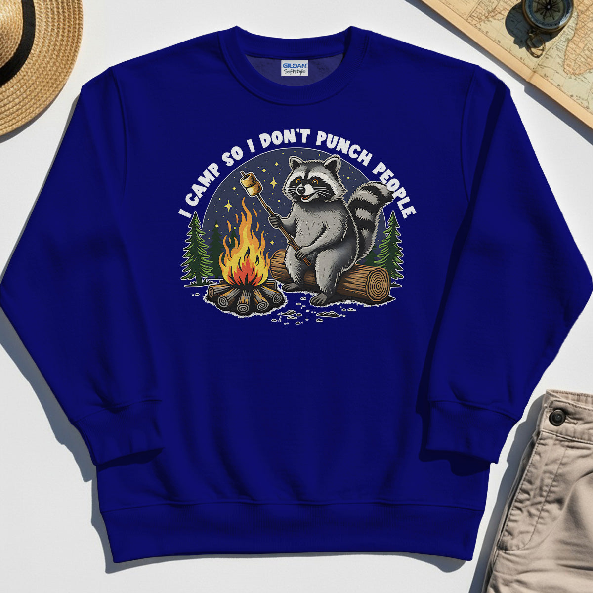 I Camp So I Don’t Punch People Sweatshirt, Funny Raccoon Marshmallow Campfire Sweatshirt 6